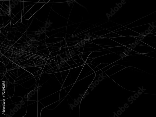 Gradient black tangled thread background. Abstract pen stroke vector illustration, on black background. Hand drawn tangled doodle. Vector illustration isolated on black background.