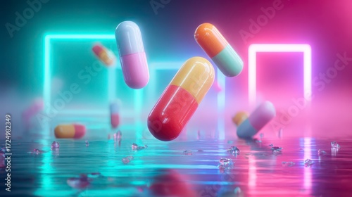 Vibrant Pharmaceutical Pixels: Dynamic illustration of colorful pills floating amidst neon-lit geometric structures, symbolizing innovation and health.