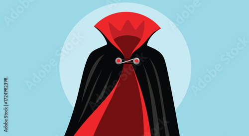 A dramatic black and red cape with a high collar stands out against a soft blue circular background.