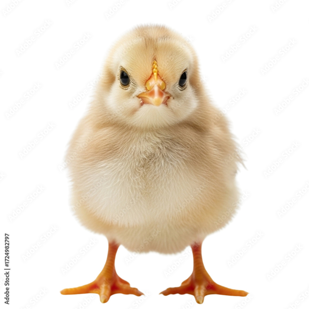Fototapeta premium Adorable fluffy yellow chick standing against a white background