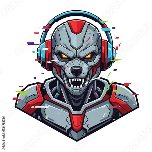 Vibrant digital artwork of a fierce, futuristic wolf-like cybernetic creature with bared fangs and glowing eyes, wearing modern high-tech headphones amidst dynamic glitch effects