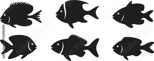 Fish Silhouettes in Unique Shapes, Aquatic Animal Vector, Marine Life Design, Fin and Tail Variation, Black Outline Illustration