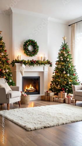 Living room interior with decorated Christmas trees, fireplace, wreath, ornaments, gifts, presents, and cozy furniture.