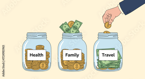 Saving money in jars for health family and travel.