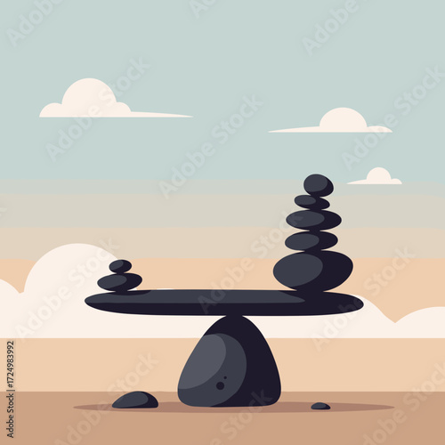 Minimalist vector of stacked zen stones in a paradoxical balance. A powerful concept for harmony, work-life balance, and the principle of quality over quantity. Serene, calm background