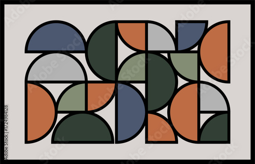 Geometric Harmony: Abstract, a collection of shapes and hues, a dynamic interplay of shapes and colors, creating a visual symphony. This artful composition is perfect for interior design.