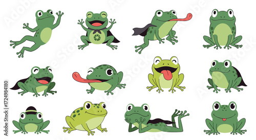 A collection of diverse and playful cartoon frogs in various poses and outfits.