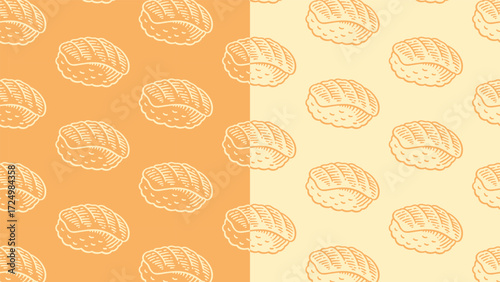 Salmon nigiri sushi line art seamless pattern on orange background for foods merchandise. Japanese nigiri snack engraving doodle pattern background. Sushi nigiri hatching motif. Restaurant, Culinary