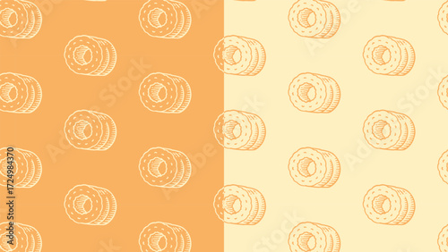 Sushi roll line art seamless pattern on orange peace background for japanese food merchandise. Maki roll engraving doodle pattern background. Japanese sushi food hatching motif. Restaurant, Culinary