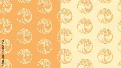 Takoyaki line art seamless pattern on orange peace background for food merchandise. Octopus ball asian snack engraving doodle pattern background. Japanese takoyaki hatching wallpaper for culinary