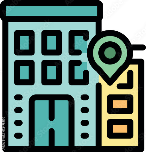 Location pinpointing building on city map, showing precise address and position for navigation and urban planning