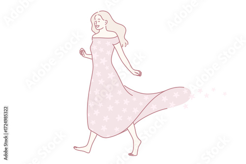Natural beauty of woman concept. Young smiling blonde woman in pink long dress walking with flowers flying nearby feeling beautiful vector illustration