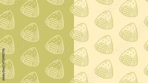 Onigiri japanese food line art seamless pattern on green background for culinary merchandise. Rice ball asian snack engraving doodle pattern background. Onigiri bento hatching motif wallpaper