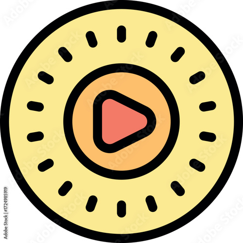 Play button featuring a vibrant orange center with a play symbol, radiating outward with yellow beams, creating a dynamic and engaging visual