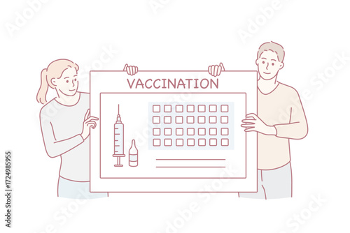 Vaccination calendar and healthcare during pandemic concept. Young people girl and boy standing near huge board with syringe and vaccination lettering vector illustration