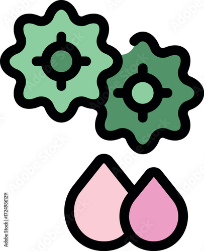 Two gears are rotating together and dripping pink liquid, possibly representing lubrication, biofuel, or a similar concept