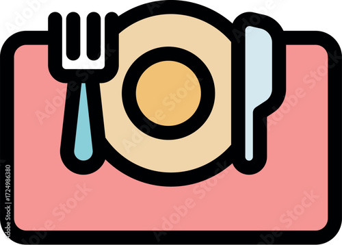 Simple colorful icon of a place setting with fork, knife, and plate, ready for a meal