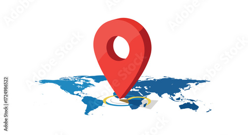 Locating a specific destination on a global map with a red pin and surrounding circle.