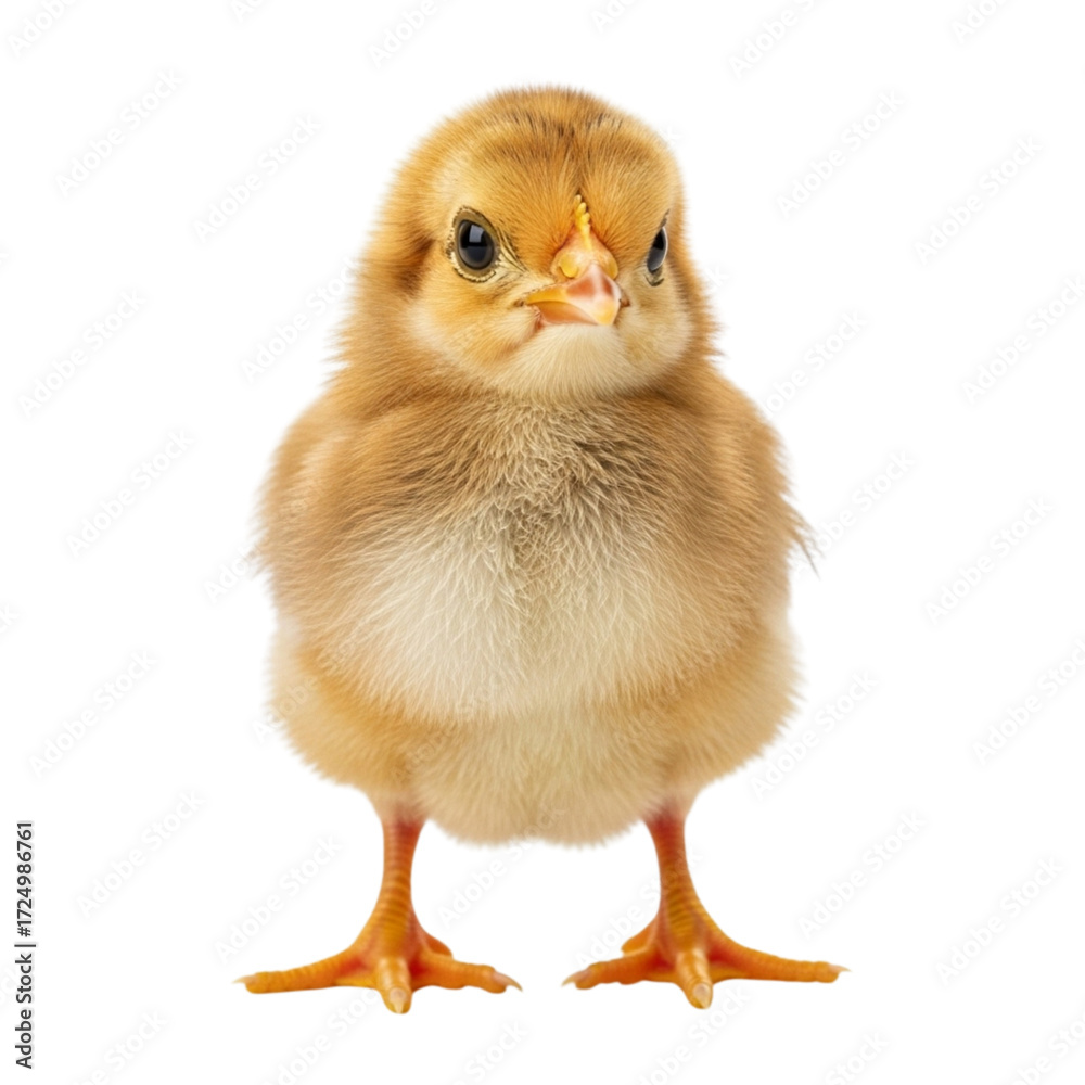 Fototapeta premium Adorable fluffy yellow chick stands on white background