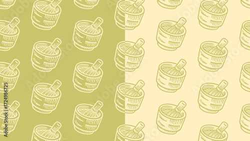 Matcha whisk line art seamless pattern on green background for japanese snack merchandise. Chasen whisk engraving doodle pattern background. Matcha geen tea bowl hatching motif for culinary and cafes