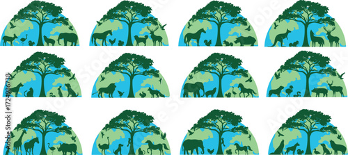 World animal day silhouette vector illustration on white background.Cartoon giraffe, zebra, tiger, and koala with green leaves, World Animal Day 4 October, wildlife conservation and biodiversity .