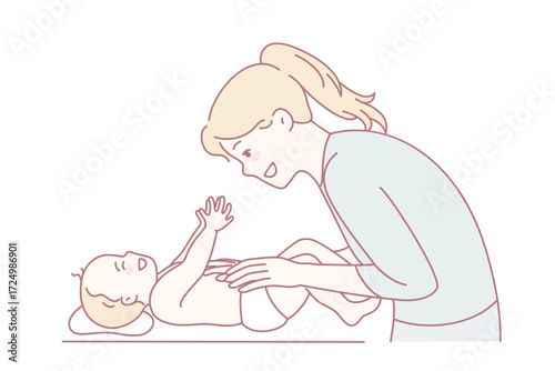 Smiling young mother playing with newborn baby. Happy mom have fun caress infant on table. Motherhood and parenthood. Vector illustration.