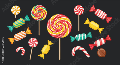 A vibrant assortment of colorful swirl lollipops and wrapped candies creates a festive confectionery display.