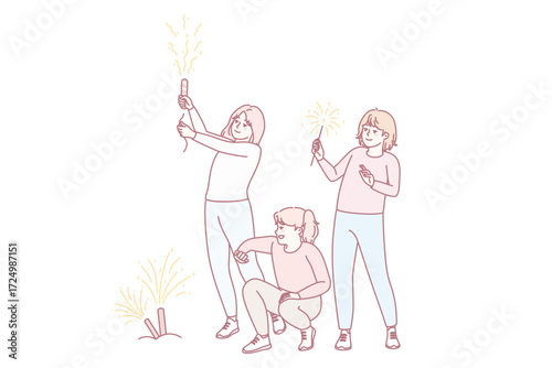 Happy children have fun throwing fireworks outdoors. Smiling girls kids celebrate with festive illuminations. Vector illustration.
