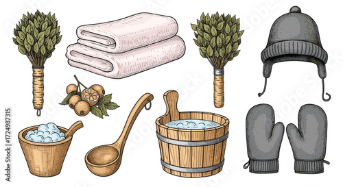Traditional sauna accessories including bath brooms hat and Mittens for a relaxing experience.