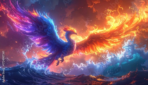 Fiery and icy bird, wings spread wide, over turbulent water