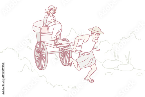 Man pulling rickshaw with woman sitting. Guy with wheeled cart riding female client outdoors. Vector illustration.