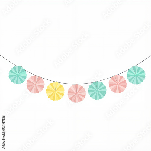 Colorful garland of paper rosettes in pastel shades on white background  