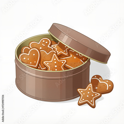 Gingerbread cookies in tin box with decorative icing and shapes  