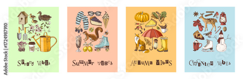 Four seasons posters set vector