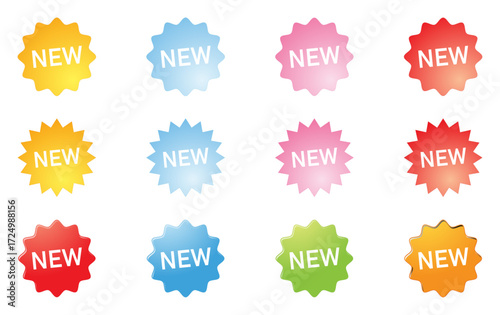 Glossy colorful new labels in speech bubble design. Modern sale tags, promo stickers, and marketing elements for banners, online stores, retail advertising, and shop promotions.  Icons, vector, symbol