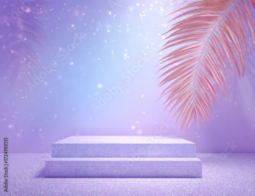 Two-tiered pastel purple platform on glittery surface, adorned by pink palm fronds and ethereal light
