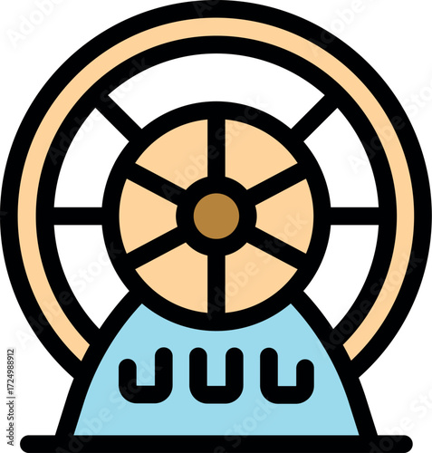Wooden water wheel converting kinetic energy of flowing water into rotational energy, sustainable power generation