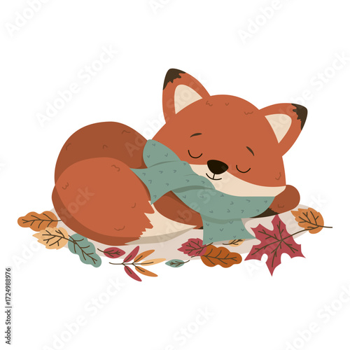 Cute fox wearing a scarf peacefully sleeps among autumn leaves. This vector illustration features charming details of a cozy woodland scene with seasonal foliage in the background.