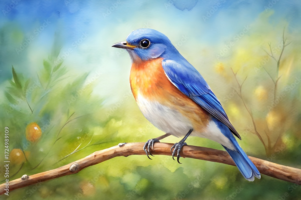 Fototapeta premium Eastern Bluebird Perched on Branch in a Softly Painted Spring Landscape