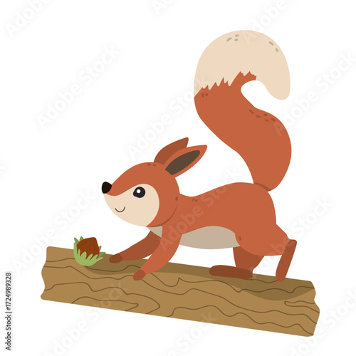 Charming vector illustration of a playful squirrel on a log holding a nut. The character is depicted in a cheerful and energetic pose, highlighting its lively nature and colorful appearance.