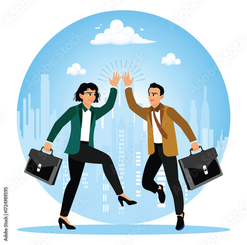 Businessmen give high fives to colleagues for business success.