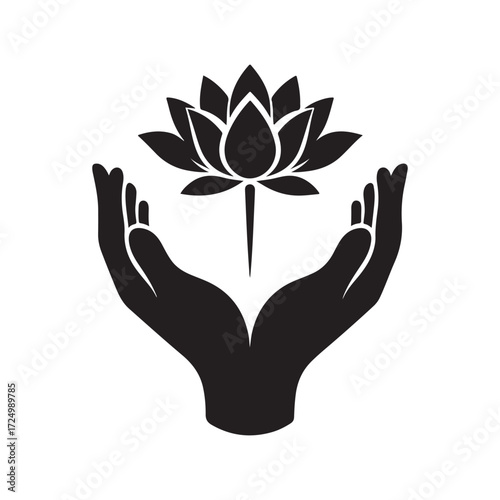 lotus growing out of open palm vector silhouette clip art logo design illustration