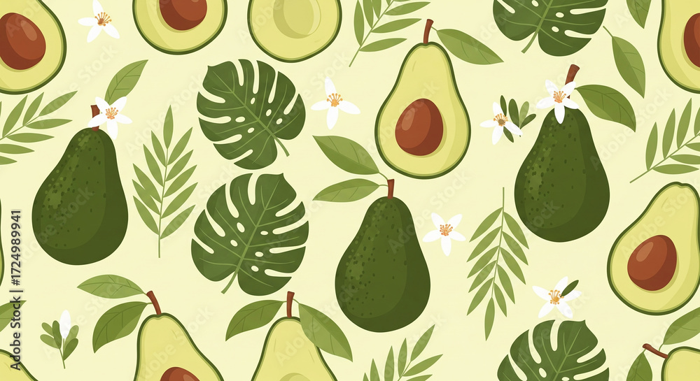 Obraz premium Seamless Avocado Vector Pattern with Leaves and Blossoms
