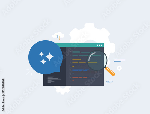 AI code review with magnifying glass analyzing programming script. Software debugging process and ai generative models assisting developer in software development workflow, vector illustration