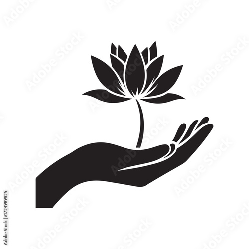 lotus growing out of open palm vector silhouette clip art logo design illustration