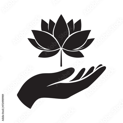 lotus growing out of open palm vector silhouette clip art logo design illustration