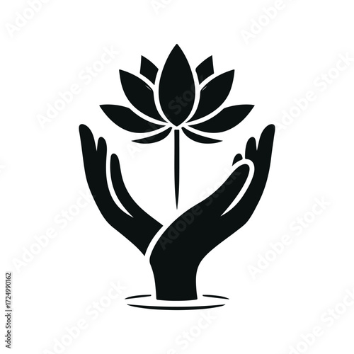 lotus growing out of open palm vector silhouette clip art logo design illustration