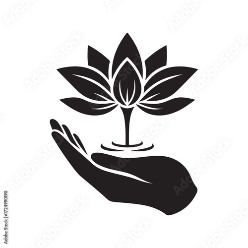lotus growing out of open palm vector silhouette clip art logo design illustration