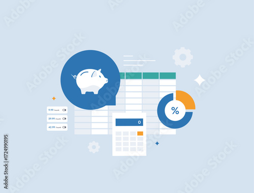 Personal finance with financial planning tools, savings optimization and debt management. Personal money control, smart budgeting and long term financial security for everyday life vector illustration
