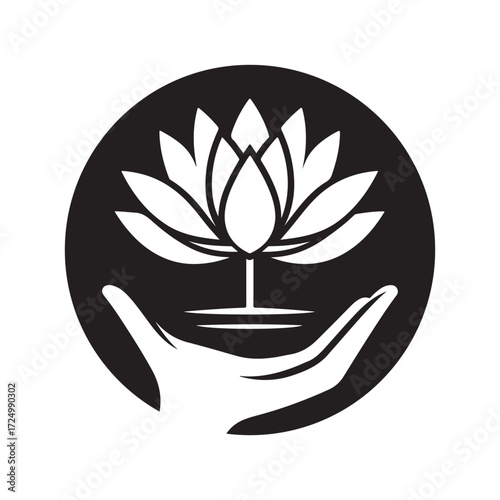 lotus growing out of open palm vector silhouette clip art logo design illustration